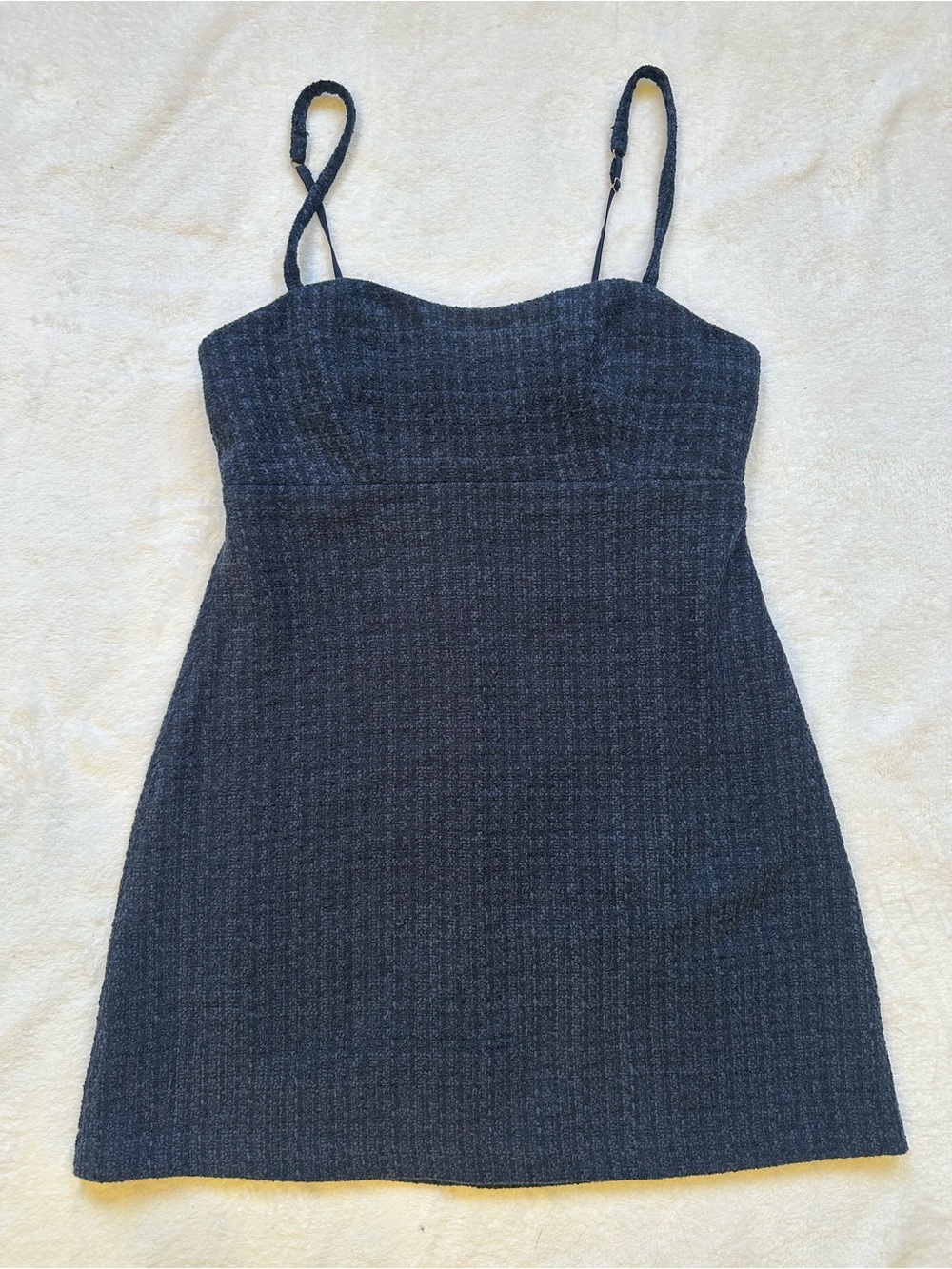 Textured Navy Mini Dress with Adjustable Spaghetti Straps and built in shorts - Picture 2 of 9